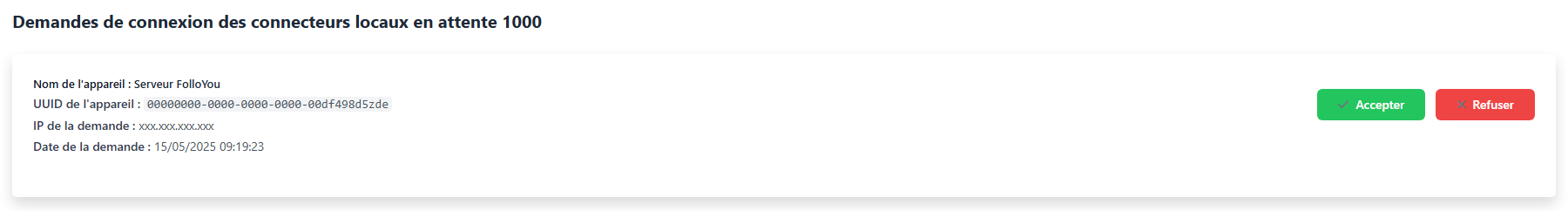 Demande de connexion dans l'interface de FolloYou