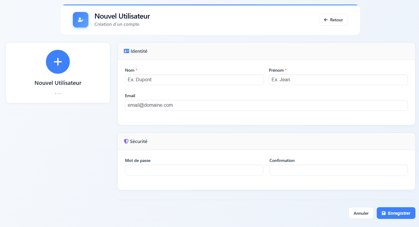 Formulaire de création d'un utilisateur licence avec les champs nom, prénom, email et mot de passe