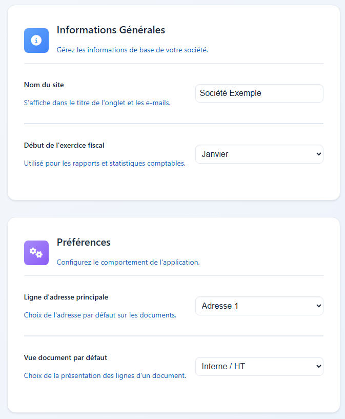 Interface de configuration de la société avec les différents champs à remplir