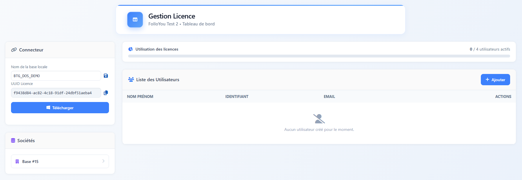 Tableau de bord du gestionnaire avec les sections utilisateurs, sociétés et connecteur