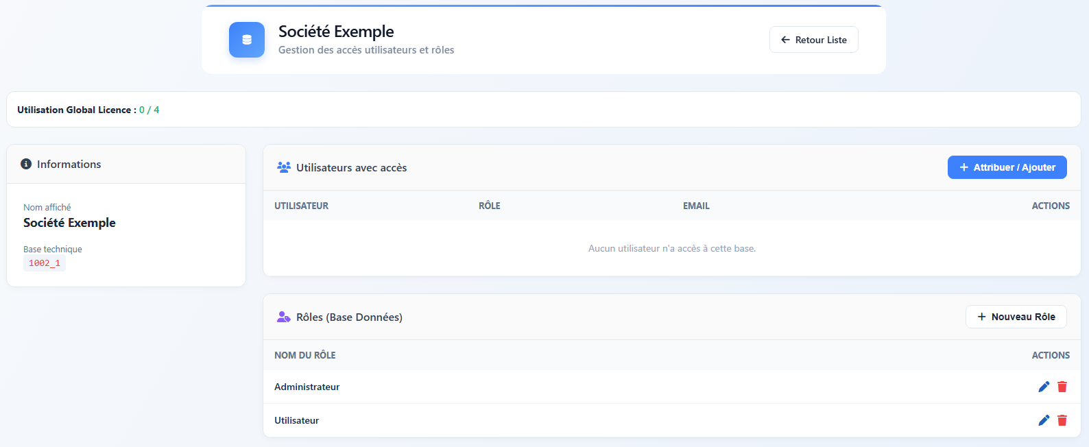 Interface de gestion des rôles avec la liste des rôles existants et les droits associés
