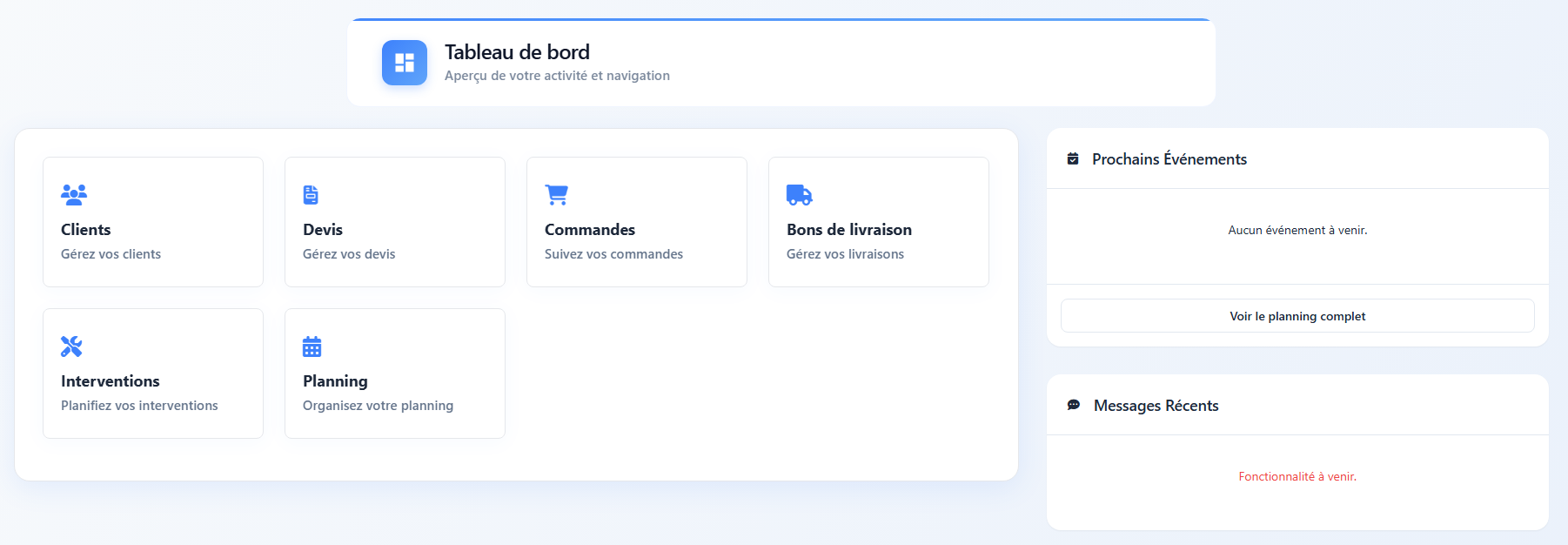 Exemple de l'interface d'un utilisateur avec accès limité aux modules en fonction de son rôle