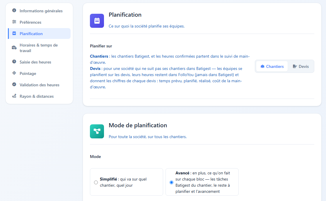 Page Configuration Société avec le menu latéral des sections Planification, Horaires, Saisie des heures, Pointage, Validation et Distances