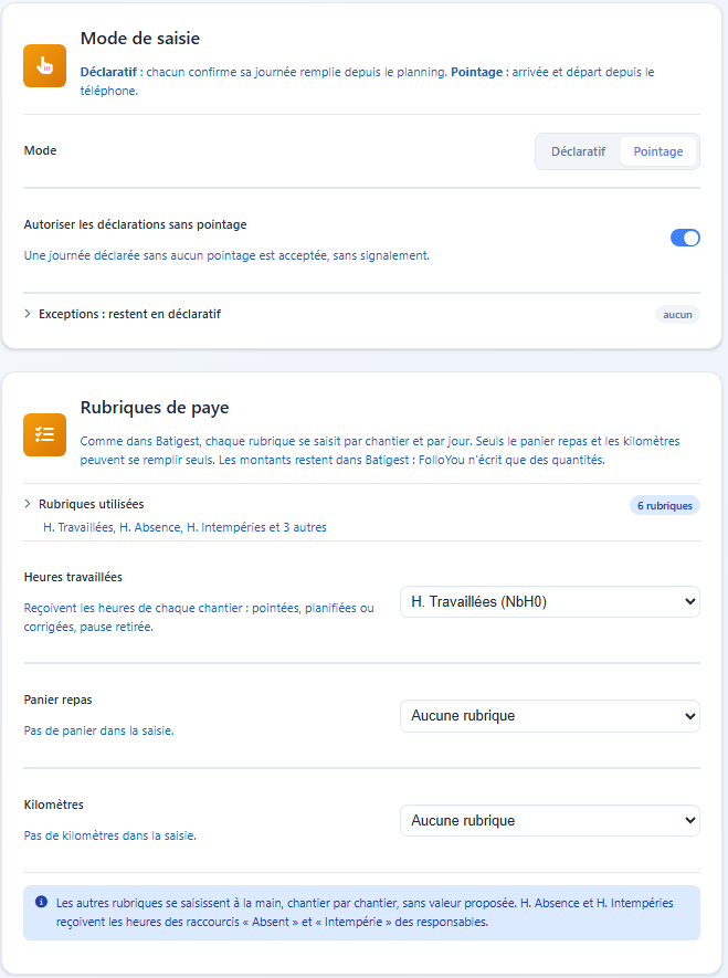 Section Saisie des heures : Mode Déclaratif/Pointage, Exceptions et Rubriques de paye