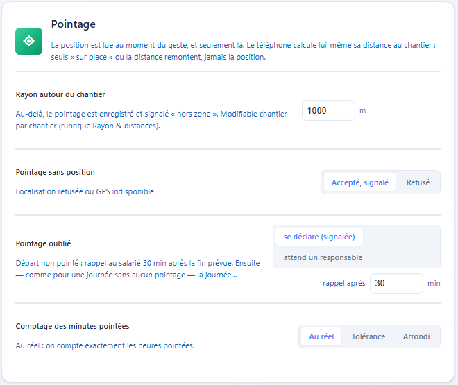Section Pointage : rayon GPS, pointage sans position, pointage oublié et comptage des minutes