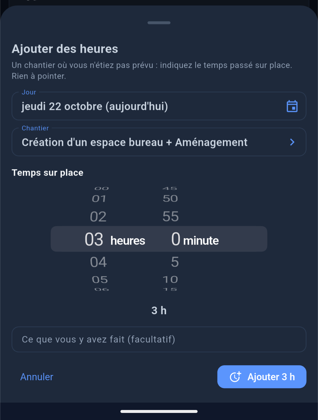 Feuille Ajouter des heures sur mobile avec roue de durée par pas de 5 minutes et liste des chantiers triés par distance GPS