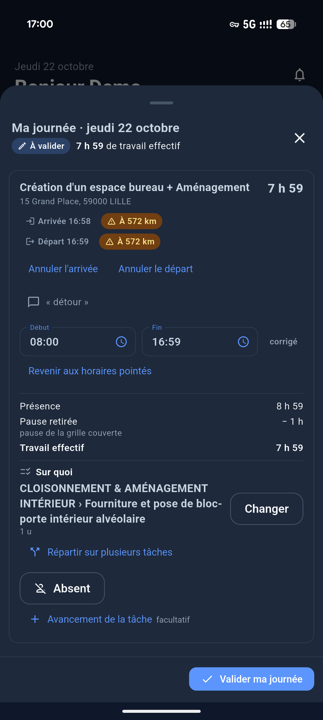 Feuille Ma journée complète : horaires, calcul de pause, bloc Sur quoi, avancement et champs numériques des rubriques de paye