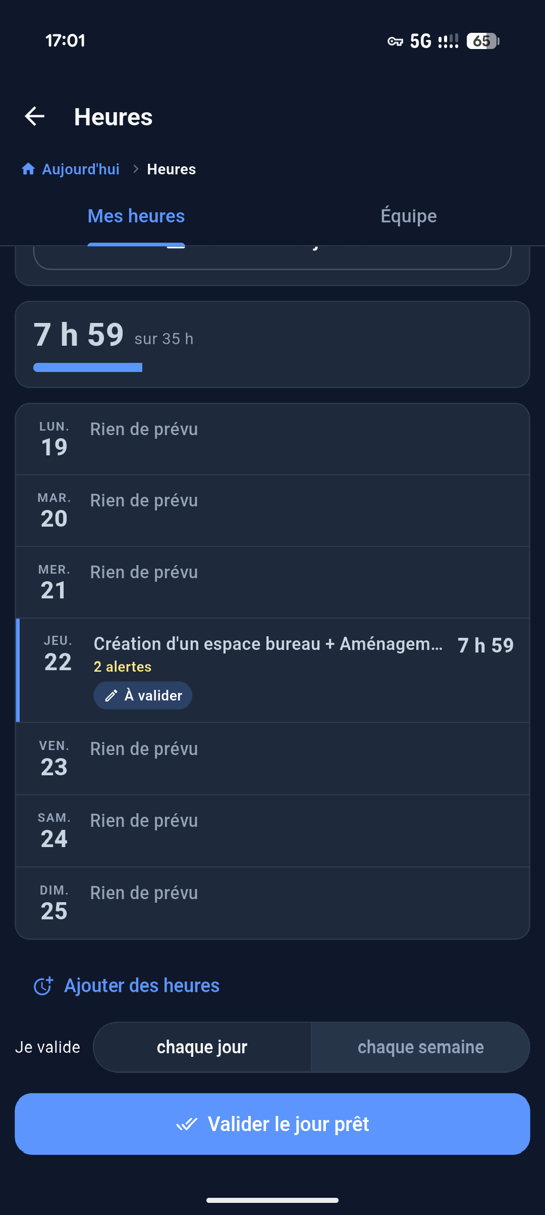 Vue hebdomadaire Mes heures avec compteur 35h, sélecteur Je valide chaque jour / chaque semaine et bouton Valider les jours prêts