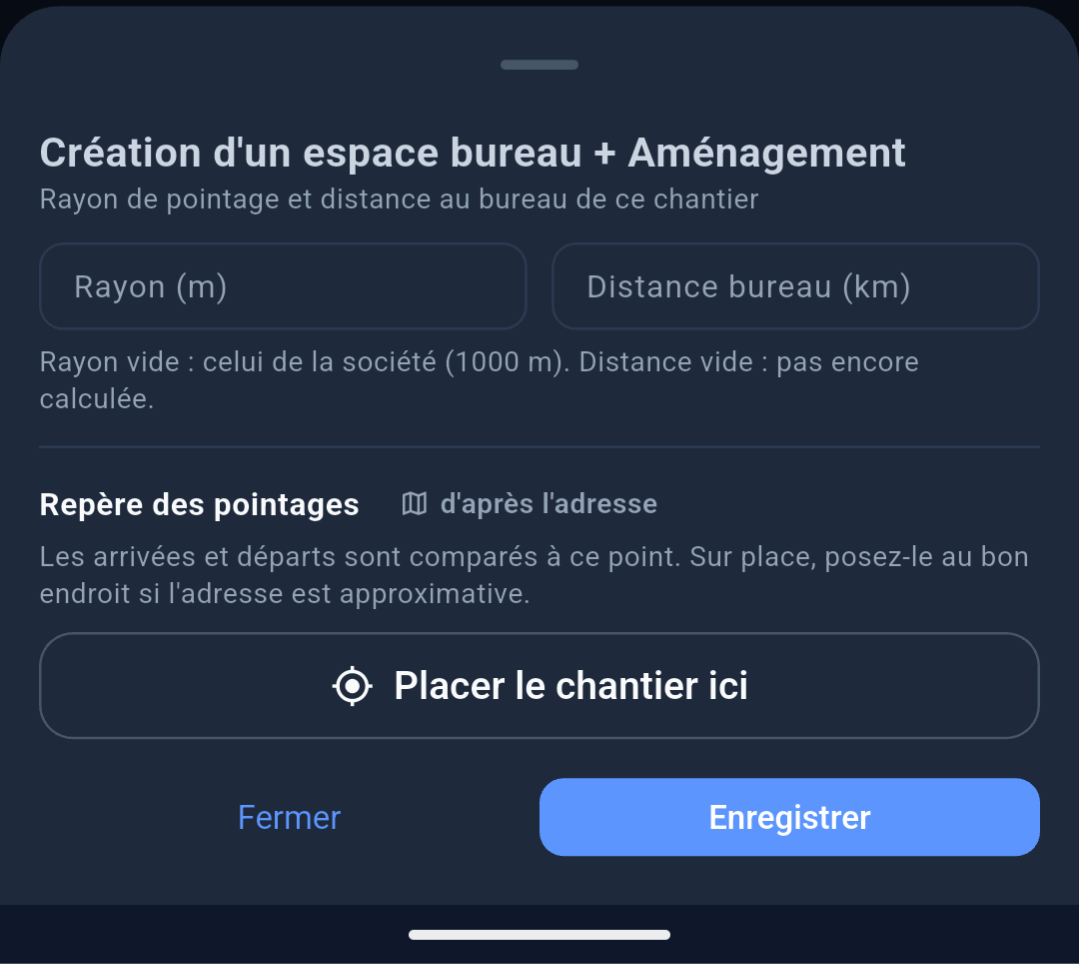 Fenêtre Intempérie collective et feuille mobile Chantier avec bouton Placer le chantier ici