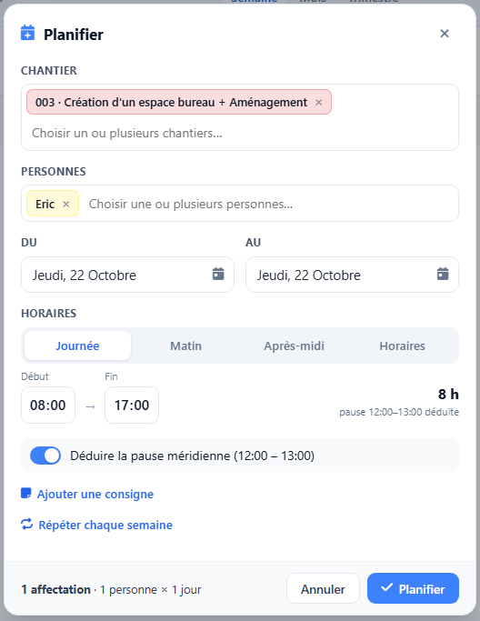 Fenêtre modale Planifier avec sélection de tâche et menu contextuel du clic droit