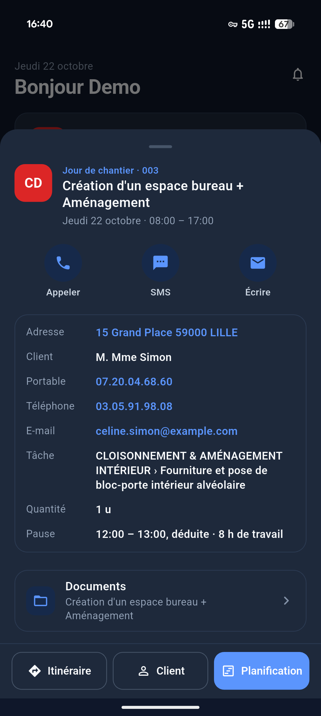 Vue compagnon sur mobile : carte du chantier avec boutons Itinéraire, Appeler, Documents et vue Ma semaine