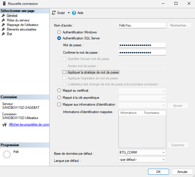 Première interface de la création d'un utilisateur sql