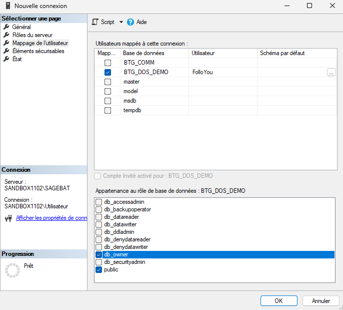 Troisième interface de la création d'un utilisateur sql