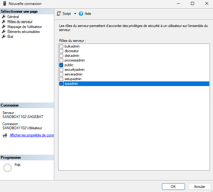 Deuxième interface de la création d'un utilisateur sql